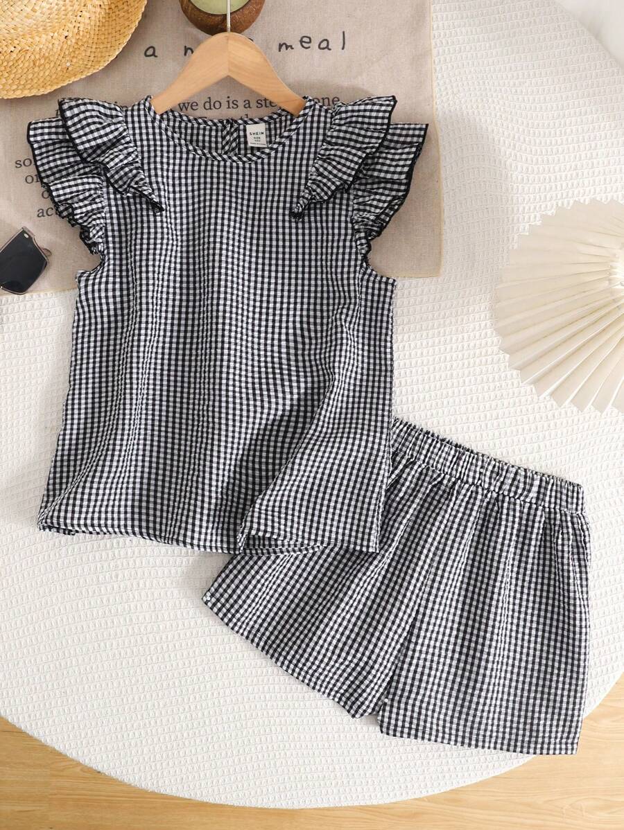 SHEIN LMoss Kids Tween Girl 2pcs Set Casual Minimalist Comfortable Round Neck Ruffle Blouse And Pants - Black and White - View 1