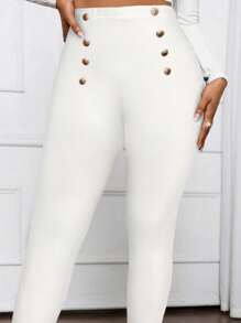 SHEIN Lady 秋冬休闲优雅工作前扣女士紧身裤 - 白色 - 查看 7