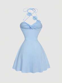 SHEIN MOD 粉色扭花领 A 字高腰连衣裙 - 藍色 - 查看 2