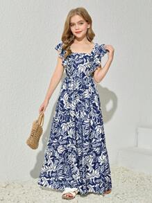 SHEIN Leap Crew 青少年女孩度假休闲时尚编织碎花方领荷叶边下摆连衣裙