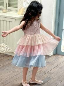 DAZY Vestido de fiesta de cumpleaños de cuello redondo con volantes de tul grueso para niñas (pequeño), de verano