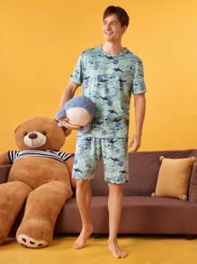 NotGurli Set de 2 piezas de pijama de verano para hombres con top de manga corta y shorts con estampado all-over