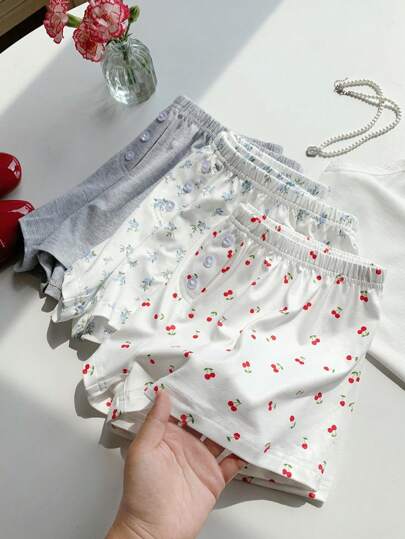 Comfortcana Conjunto de 3 peças de shorts confortáveis de verão com estampa de cereja e cintura baixa