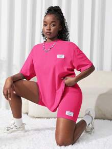SHEIN 2pcs/Set Teen Girl Knitted Solid Color T-Shirt And Shorts Set, Mauve - Hot Pink - View 3