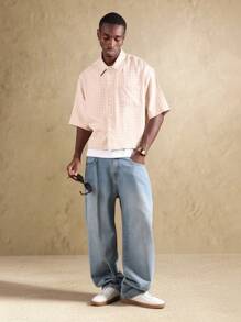 SUMWON Streetwear Short Sleeve Gingham Check Button Down Shirt Graphic Print Hotline Fashion Casual Summer Wear - Apricot - View 7