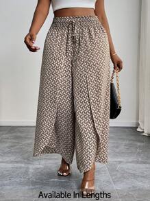 SHEIN PETITE CURVE 大尺碼休閒全印花前打結寬腿褲 夏季長褲，商務休閒女款 2026 秋季時尚 - 杏色 - 查看 8