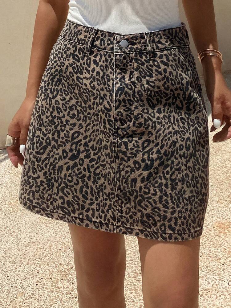 Women's Leopard Print A-Line Denim Casual Mini Skirt, Summer Jeans Skirt