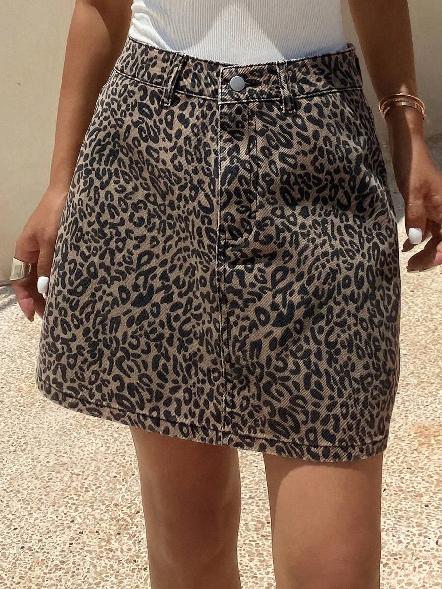 DAZY 女式豹纹A字牛仔休闲迷你裙，夏季牛仔裙 - 黃色 - 查看 1