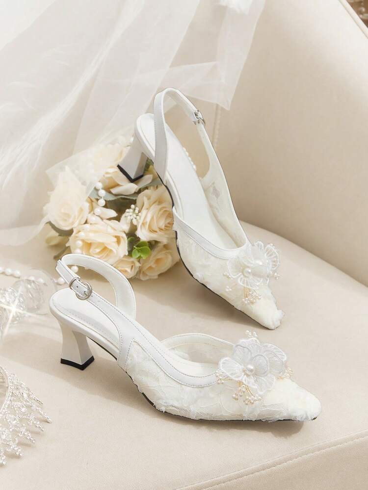 CUCCOO HITCHD Women's Lace Faux Pearl Embroidered Floral Square Toe Chunky Heel Elegant Romantic White Lace Mesh Formal High Heels Pumps For Wedding, Bridal, Bridesmaid, Date, Party, Banquet For Christmas Elegant Shoes Wedding Shoes Summer Shoes Bride Shoes