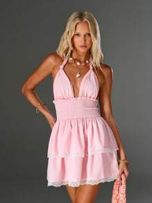 SHEIN Unity Women's Solid Color Lace Patchwork Halter Backless Dress - Baby Pink - View 1