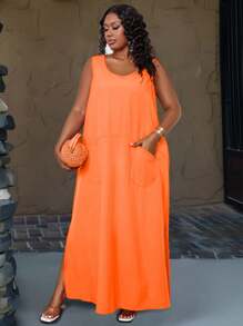 Maweii Plus Size Women's Summer Solid Color Sleeveless Top Dress With Pockets Maxi Women Outfit