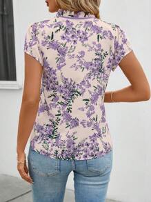 SHEIN Clasi 女式度假花卉印花荷叶边系带衬衫，夏季 - 紫色 - 查看 4