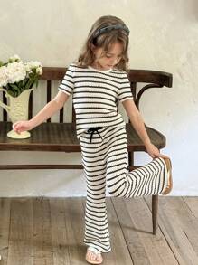 LMoss Kids LMoss 2pcs/Set Girl Knit Striped Round Neck Casual T-Shirt & Fitted Long Pants Outfit Girls Lounge Set Two Pieces Pants Set Kids Summer Lounge Set Tweens Two Piece Pants Set Kids Tween Girl Clothes Pants Set Tween Matching Set Knit Girls Co Ord Set School Tops - Black and White - View 4