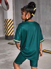 青少年女孩运动街头服饰 V 领短袖上衣和针织短裤两件套，春夏 - 墨綠色 - 查看 2