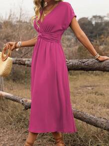 EMERY ROSE Women's Cross Shirred Waisted Twist Back Blouson Sleeve A-Line Midi Dress, Bohemian Vacation Casual Style, Spring/Summer - Hot Pink - View 5