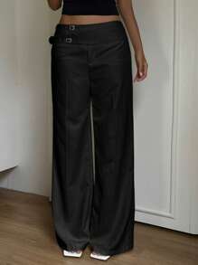 SHEIN EZwear Women's Fashionable Versatile Casual Black High Waist Wide Leg Long Pants,Cargo Pants - Black - View 6