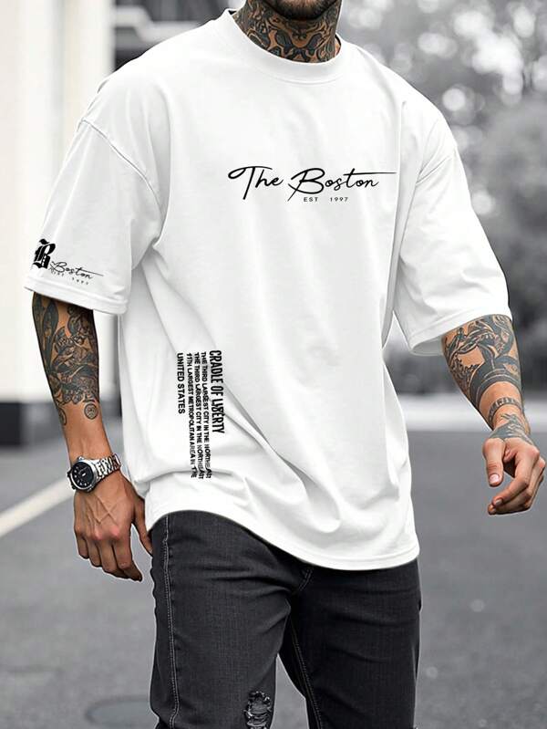 Manfinity LEGND Plus Size Men's Letter Print Casual Round Neck Short Sleeve T-Shirt, Summer T Shirt For Man Simple T Shirts For Men Mens T Shirts Casual