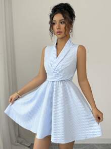 Elenzga Vestido corto sin mangas para mujer con cuello vuelto a rayas y cintura cruzada - Azul y blanco - Ver 5