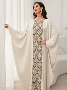 SHEIN Najma 复古印花拼布蝙蝠袖交叉领带宽松保守长裙，端庄的卡夫坦 - 彩色 - 查看 6