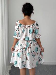 SHEIN Tall Plus Size Women Odsłaniająca Ramiona Talia Modelująca Krótką Sukienkę, Wyszczuplający Styl Na Wiosnę I Lato - Wielokolorowe - Zobacz 2
