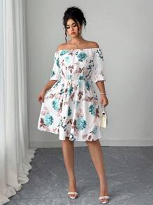 SHEIN Tall Plus Size Women Odsłaniająca Ramiona Talia Modelująca Krótką Sukienkę, Wyszczuplający Styl Na Wiosnę I Lato - Wielokolorowe - Zobacz 6