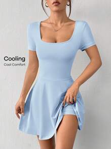 SHEIN EZwear 女士蓝色针织方领短袖休闲迷你连衣裙 - 淺藍色 - 查看 7