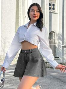 EURMUSE 100%Cotton MID WAIST DIAMOND DETAILED SHORT - Light Grey - View 5