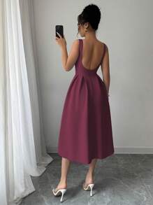 Elenzga Vestido midi con hombros descubiertos, talle ajustado y falda acampanada, elegante para el trabajo, el té de la tarde, fiestas, primavera/verano
