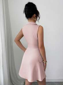 Elenzga Vestido corto sin mangas de primavera/verano con cuello de camisa, de doble botonadura, cinturón y falda acampanada con decoración de bolsillos falsos, de unicolor, para mujer, elegante y casual, para la oficina o vacaciones, en estilo francés