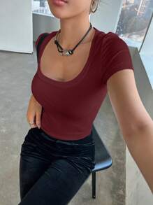 DAZY Women's Casual Versatile Solid Color Round Neck Fitted Short Sleeve Ribbed T-Shirt, Summer - Red Violet - View 3