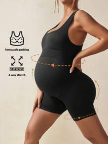 SHEIN Maternity Solid Color Fitted Activewear Yoga Jumpsuit,Word Cup - Black - View 7
