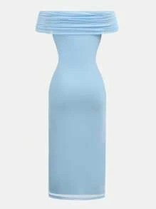 SHEIN Girlism TEENGIRL 蓝色优雅露肩褶皱网眼紧身连衣裙、派对连衣裙