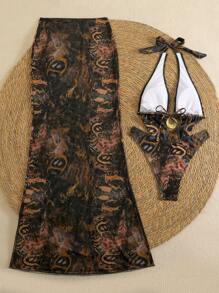 Swim SXY Bikini mùa hè phong cách Châu Âu và Mỹ thanh lịch in ngẫu nhiên cộng với thiết kế đặc biệt cho phụ nữ có váy đuôi cá che phủ - Nhiều màu - Xem 5