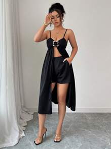 SHEIN Clasi Women Black Elegant Spaghetti Strap Long Top With A-Line Shorts 2 Pieces Set - Black - View 4