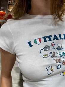 Camiseta corta de manga corta con estampado de la frase "I Love Italy"