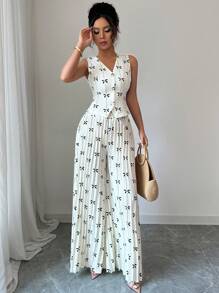 Rafferiza 女士两件套服装：浪漫法式街头风格 V 领蝴蝶结开衫和百褶裤套装，春夏时尚 - 杏色 - 查看 4