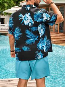 Manfinity Swimmode 加大码男士热带植物印花短袖衬衫和短裤沙滩套装，夏威夷男士度假服，男士度假装，男士度假服，男士泳池派对装，男士巴哈马装，男士夏威夷衬衫