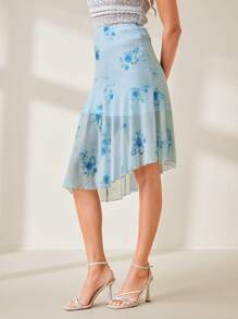 Chiquease Falda asimétrica de línea A con estampado de red casual/para vacaciones - Azul - Ver 4