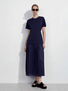 Lumivelle Women's Round Neck Short Sleeve A-Line Patchwork Pleated Chiffon Elegant Dress