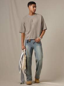 SWAVVY 男士针织时尚休闲日常年轻宽松数字刺绣短袖 T 恤，夏季、学校、秋季 - 棕色 - 查看 4