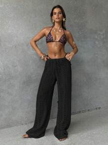 Aloruh 女式罩衫海滩，优雅性感复古风格针织半透明阔腿裤，适合春夏季度假波西米亚风裤女式阔腿罩衫泳装裤低腰裤女式海滩乡村音乐会 - 黑色 - 查看 6