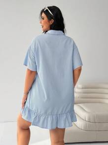 Solflare Navy Blue & White Striped Short Sleeve Ruffle Hem Splice Loose Plus Size Casual Dress, Suitable For Commuting, Back To School, Daily Casual, Dating, Outing Valentine's Day Outfit - Blue and White - View 2