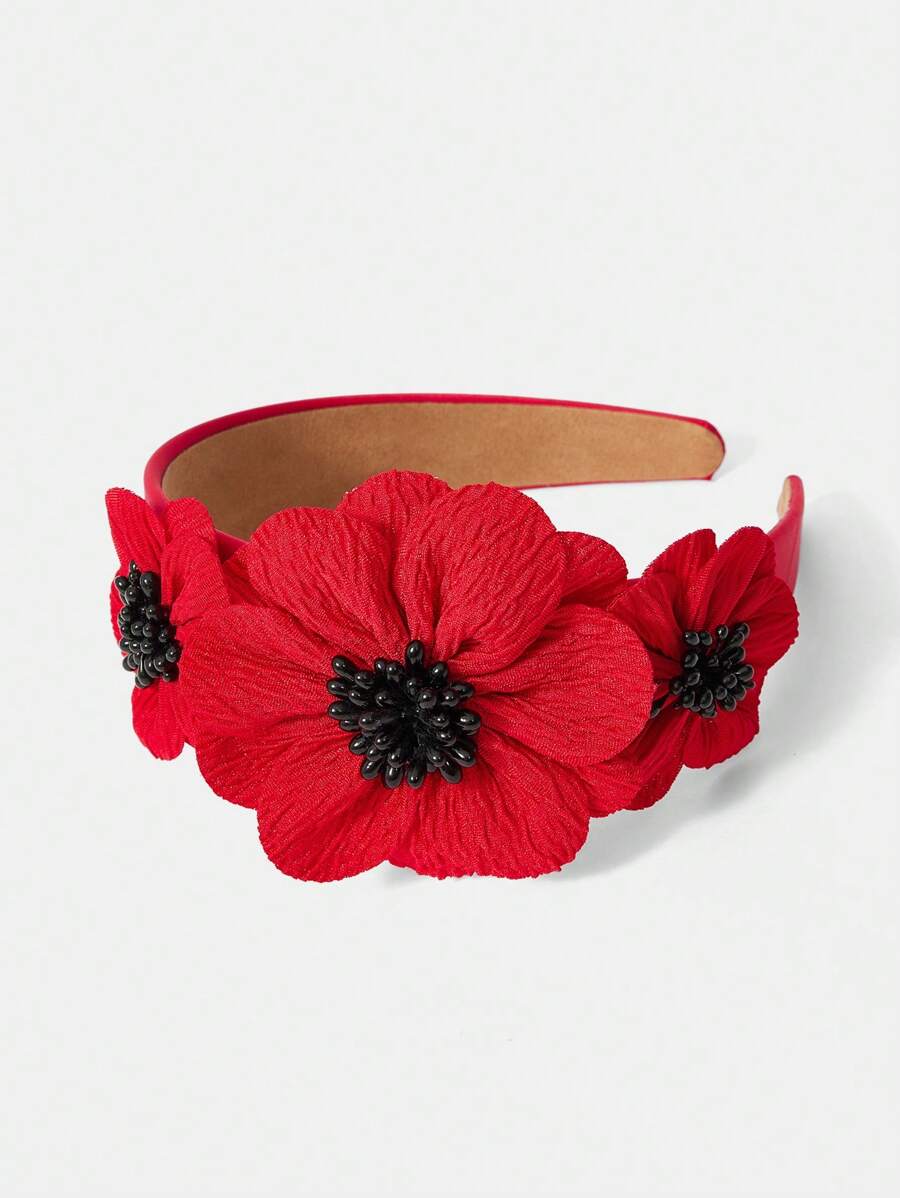 MOTF PREMIUM FLOWER DECOR WIDE-BRIMMED HEADBAND HAIRBAND HAIR HOOP - Red - View 2