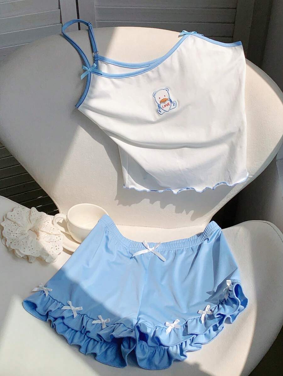 Comfortcana 2pcs Women Spaghetti Strap Top And Shorts Set, Fashion Summer Outfit - Blue and White - View 1