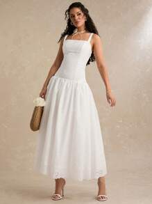 Enchnt 春夏浪漫女士优雅花卉刺绣荷叶边下摆吊带长裙，甜美优雅性感连衣裙，适合节日连衣裙、度假连衣裙、甜蜜约会、毕业季连衣裙、日常通勤、下午茶连衣裙、婚礼和花园派对，女士夏季服装，太阳裙，女士夏装，商务休闲女装 - 白色 - 查看 9