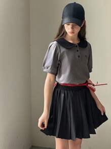 DAZY 2pcs/Set Teenage Girls Peter Pan Collar Embroidered Short Sleeve T-Shirt + Pleated Mini Skirt Summer Outfit,Back To School Clothes - Grey - View 6