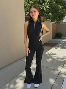 SHEIN Tween Girls Half Zip Sleeveless Jumpsuit Black Jumpsuit, Back To School Season,Mommy And Me Matching Outfits - Black - View 1