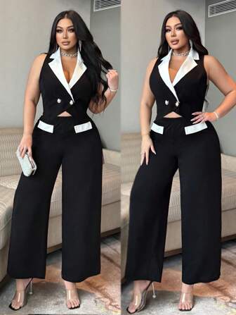NU&NOW 女士加大码优雅黑白撞色西装背心和裤子 2 件套，纽扣装饰时尚设计百搭