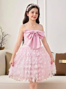 Tween Girl Woven Solid Color Big Bow Camisole Top & 3D Floral Skirt 2 Pieces Set, Cute Princess Dress - Pink - View 11