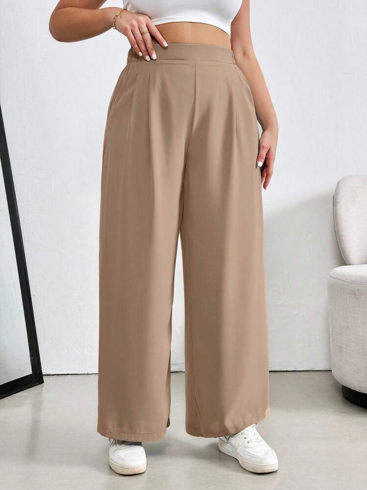 SHEIN Essnce Plus Size Women's Spring And Summer Fashion Casual Loose Comfortable Cool Daily Basic Apricot Elastic Waist Wide Leg Pants, Minimalist Style, Baggy Pants, Work Pants, European Summer, Vacation Women, Women Bottom Baggy - Khaki - View 7